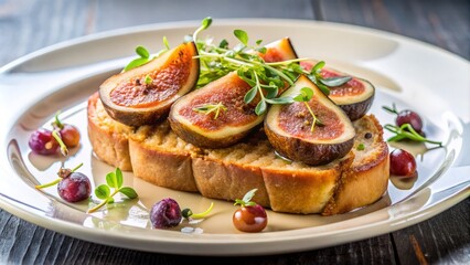 Decadent slice of seared foie gras atop crusty artisanal bread, garnished with fresh figs and microgreens, served on a elegant white plate.
