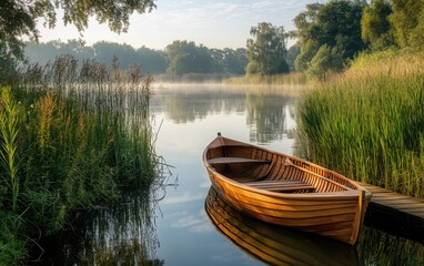 Obraz premium Wooden Rowboat Moored at a Dock on a Misty Lake.