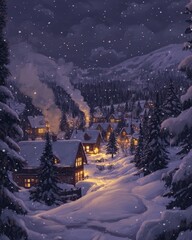 Cozy Winter Village Cabin Scene With Falling Snow and Glowing Windows