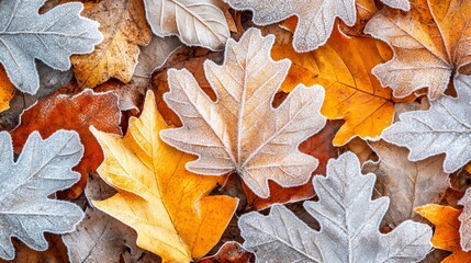 Frost-covered autumn leaves are captured in detail, emphasizing the intricate textures and vibrant colors that highlight nature's transformation.