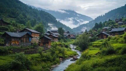 Picturesque Mountain Village with Winding River and Misty Forest Landscape.