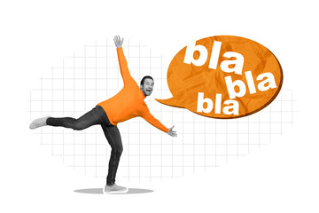 Collage picture of excited mini black white colors guy dancing huge paper dialogue bubble bla blah...