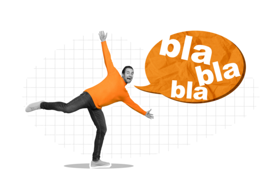 Collage picture of excited mini black white colors guy dancing huge paper dialogue bubble bla blah isolated on violet background