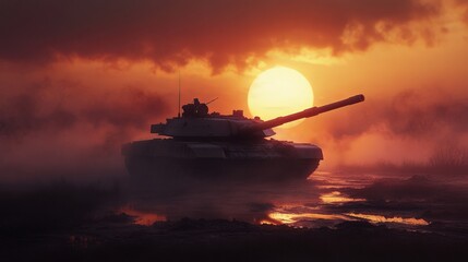 Tank Emerging from Fog on Battlefield - Dramatic War Photo