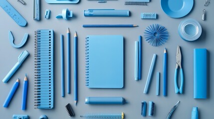 Fototapeta premium Blue school supplies on grey background, knolling