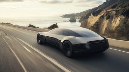 Futuristic Black Sports Car Driving on Coastal Highway at Sunset.