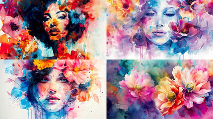 Watercolor blooms/backruns, bold portrait designs with dynamic hues, creating a vibrant and intricate background