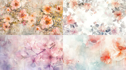 Watercolor blooms/backruns, delicate seasonal patterns with soft pastels, seamless transitions, creating a calming and beautiful effect