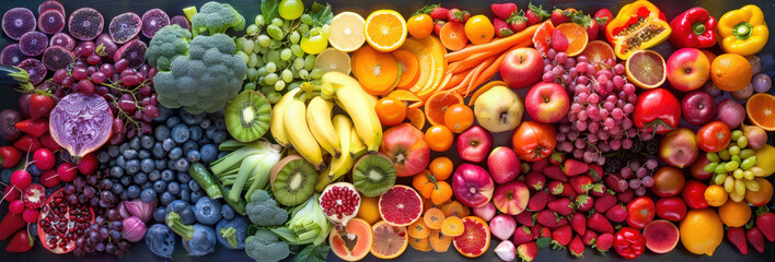 Vibrant rainbow of fruits and vegetables, showcasing diverse natural ingredients