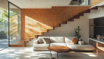 Modern living room with cork wall and sunlight shining through window