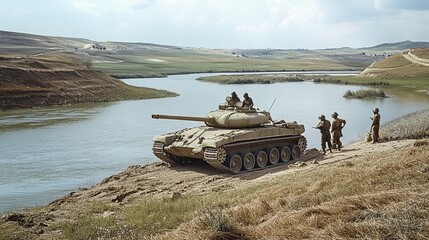 Military Tank Refueling on Riverbank: A Photo