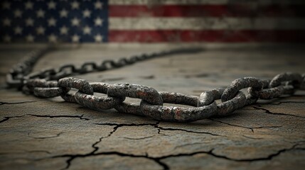 A broken chain lying on the ground with the American flag fluttering in the background, symbolizing the breaking of oppression and the triumph of freedom and independence