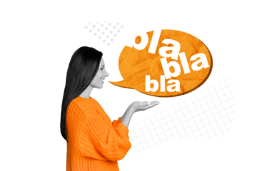 Photo collage artwork minimal picture of lady holding arms blablabla mind cloud isolated violet color background