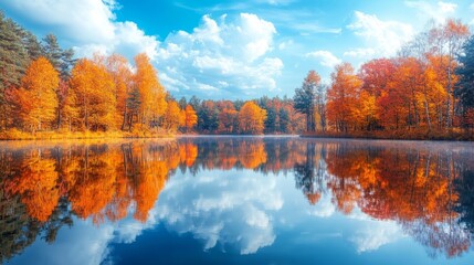 Fototapeta premium Autumn Trees Reflected in a Still Lake Under a Blue Sky
