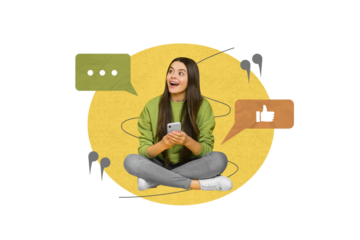 Composite collage image of young girl teenager hold device smartphone message chatting messenger social media like icon communicate