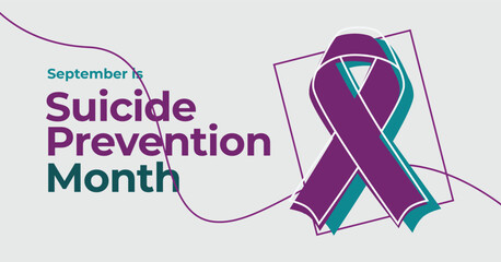 September is Suicide Prevention Month in purple and teal colors. Stylized awareness ribbon. Minimalist design with geometric elements and clean lines.