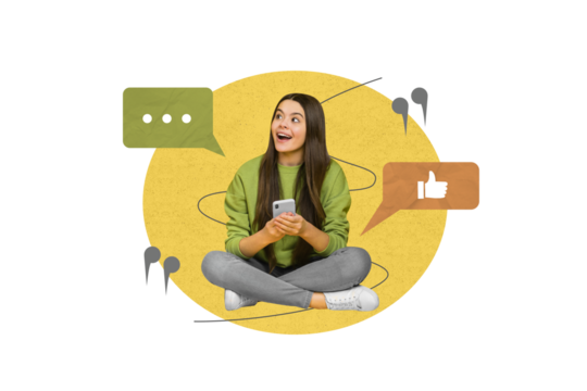Composite collage image of young girl teenager hold device smartphone message chatting messenger social media like icon communicate