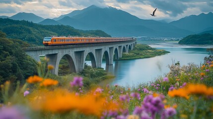 Stunning Panorama: Train Crossing Majestic Bridge