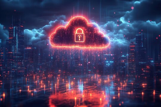 cyberpunk neon cloud with padlock glowing electric blue lines dark cityscape background raining binary code concept of digital security and data protection in futuristic setting