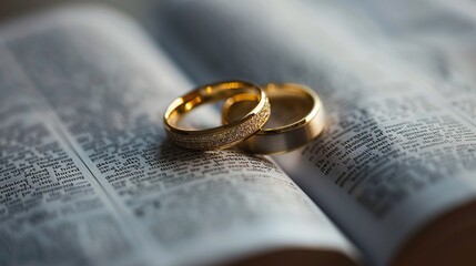 A touching image of two wedding rings gently p on the pages of an open Bible, reminding us that a marriage rooted in faith can weather any storm and withstand. copy space for text.