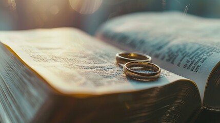 A touching image of two wedding rings gently p on the pages of an open Bible, reminding us that a marriage rooted in faith can weather any storm and withstand. copy space for text.