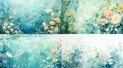 Watercolor blooms/backruns, pastel underwater scenes with gentle greens and blues, creating a serene and tranquil effect