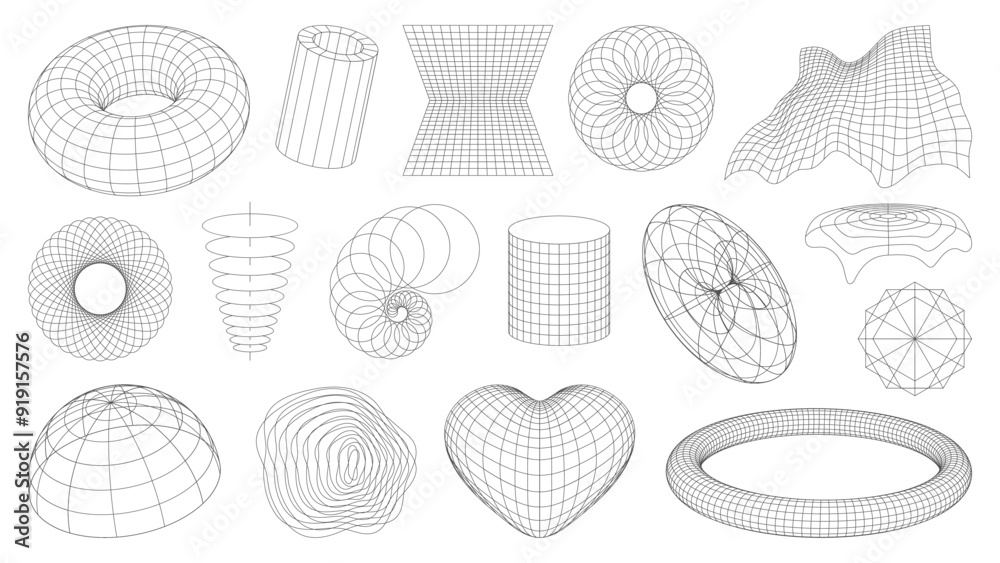 Poster 3d wireframe shapes, brutal perspective grid, retro tech mesh abstract geometric figures. Vector wireframe sphere, globe, torus and heart, wave and spiral grid, cylinder, tunnel and polygon shape mesh