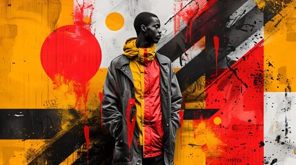 Confident black young man posing in front of vibrant graffiti wall, adding cool urban flair. Red, yellow, black colors create visually appealing design. Modernist collage with african stylish boy