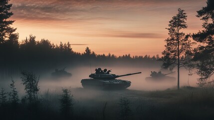 Obraz premium ## Atmospheric Tank Convoy Moves Through Desolate Landscape