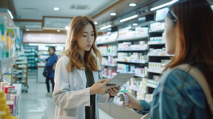 Obraz premium beautiful young pharmacist assists woman in buying medicine in pharmacy. copy space for text.