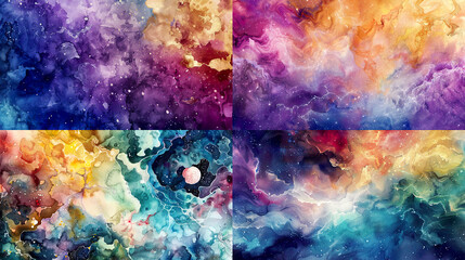 Watercolor crystalline texture on celestial themes, cosmic colors, and mystical cosmic scenes 