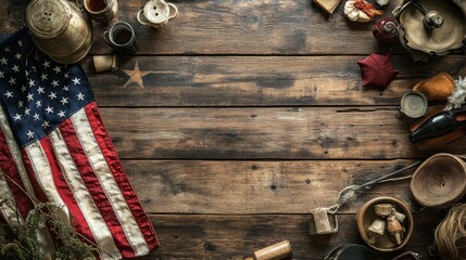 A wooden table set with a rustic American flag, surrounded by vintage objects and decorations, creating a scene that evokes the history, heritage, and timeless pride of the country