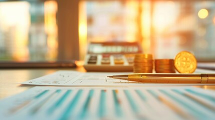 A collection of financial documents, calculator, and coins on a desk, symbolizing savings and emergency fund management. The image offers blank space suitable for financial concepts or copy.