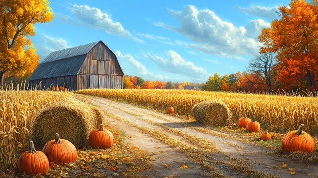 Rustic Barn in a Cornfield with Pumpkins and Hay Bales - Powered by Adobe