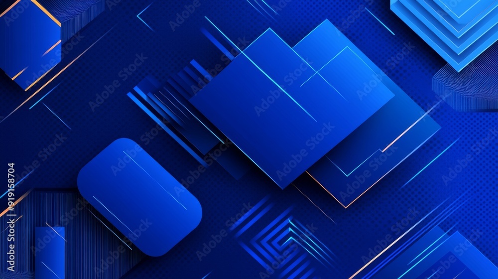 Poster abstract tech banner with a blue background and layers of transparent material in square shapes in r