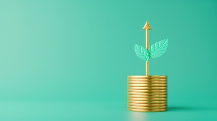 An abstract depiction of financial concepts and wealth accumulation, showcasing a golden coin stack with a growth arrow, set against a minimalist background designed for adding personalized messages