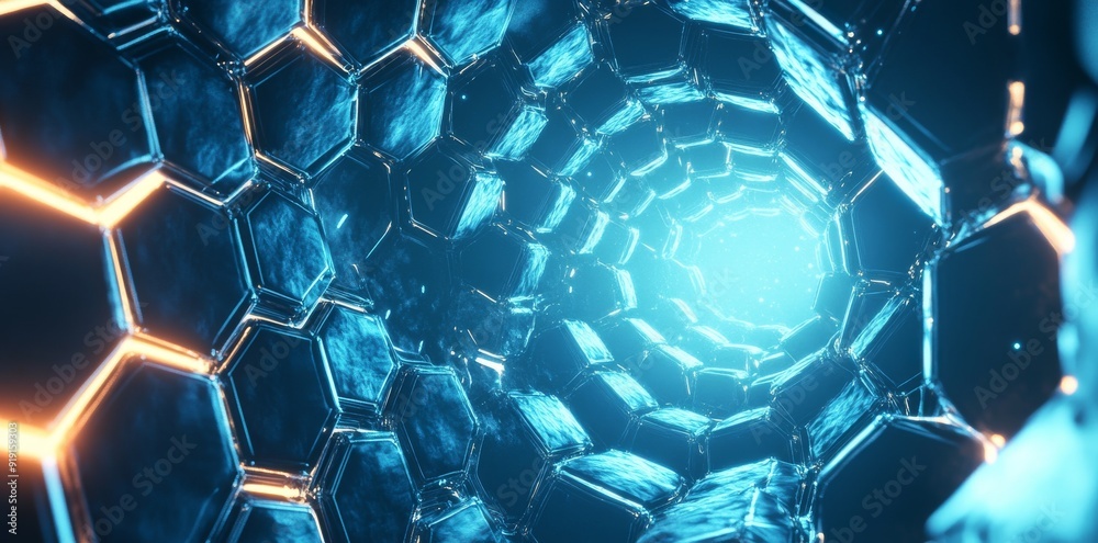 Poster a 3d rendering of a blue and orange hexagonal background pattern