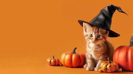 Pretty red cat in witch hat sitting between orange pumpkins and looking away on orange background. Halloween cat