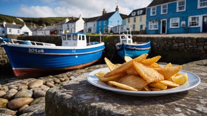 Fototapeta premium Fish and chips. British dish, battered cod with potatoes, plate in Cornwall