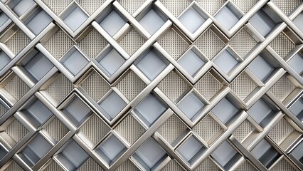 Geometric pattern of interlocking white squares with a metallic mesh texture overlay, creating a futuristic and modern design element for backgrounds and compositions.