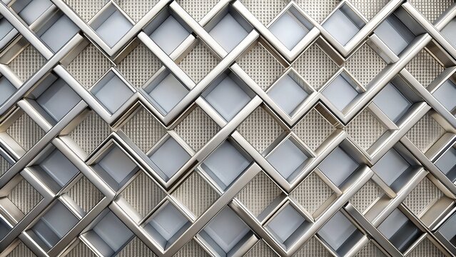 Geometric pattern of interlocking white squares with a metallic mesh texture overlay, creating a futuristic and modern design element for backgrounds and compositions.