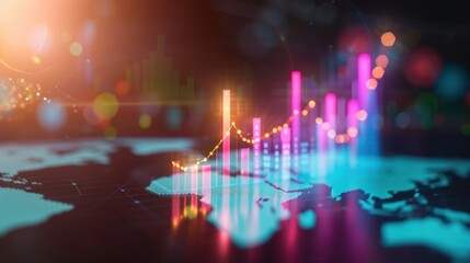 A conceptual image illustrating global market expansion, featuring a world map overlaid with upward-trending financial graphs and charts. The design emphasizes financial growth and international