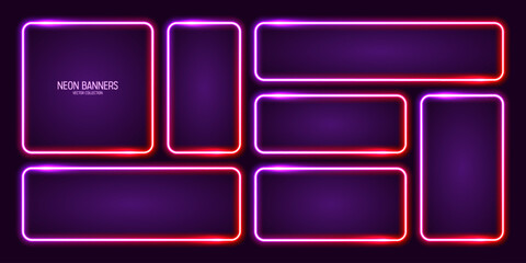 Glowing neon banners, illuminated colorful square frames. Shiny vibrant border, glow effect. Purple vintage retro lights, night illumination. Modern futuristic UI design elements. Vector illustration