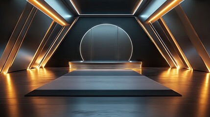 Fototapeta premium A modern, metallic podium with sharp lines and glowing details, ideal for logo displays in a futuristic environment.