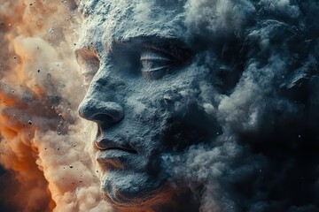 disintegrating classical sculpture surreal particle effects emotional impact conceptual art on mental health themes