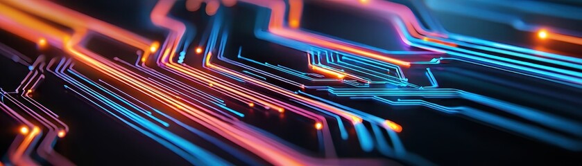 Obraz premium Vibrant abstract background featuring glowing circuit lines in blue, pink, and orange hues for technology and innovation themes.