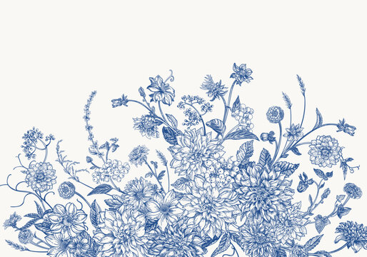 Vintage card with garden flowers in engraving style. Bouquet with chrysanthemums, dahlias, dogwood berries, zinnias, spikelets. Vector botanical detailed illustration. Blue