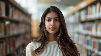 Portrait of beautiful student in library looking at camera. copy space for text.