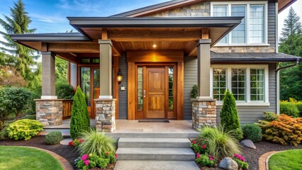 Inviting exterior of a modern suburban home featuring a beautiful wooden front door with decorative glass panels, surrounded by lush greenery and a welcoming porch.
