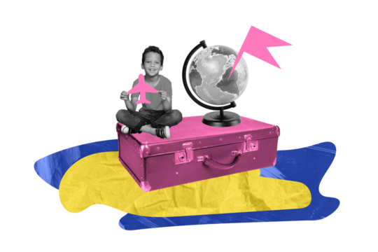 Surreal photo collage funny little pupil boy sit baggage bag dream summer journey african country see sea ocean hold aircraft plane - Powered by Adobe